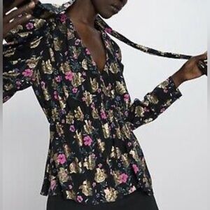 Zara Black Floral Blouse with Gold and Pink Accents